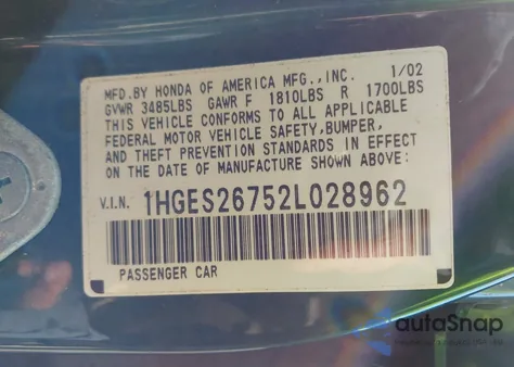 2002 Honda Civic Ex из США, поврежденный, VIN 1HGES26752L028962